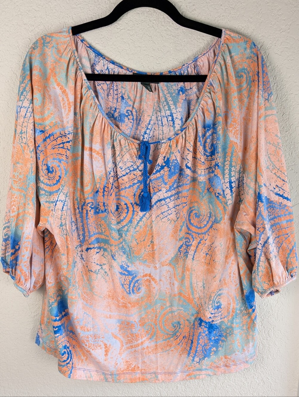 Lauren Ralph Lauren 100% Cotton Knit Shirt XL Boho Paisley Orange Blue Summer